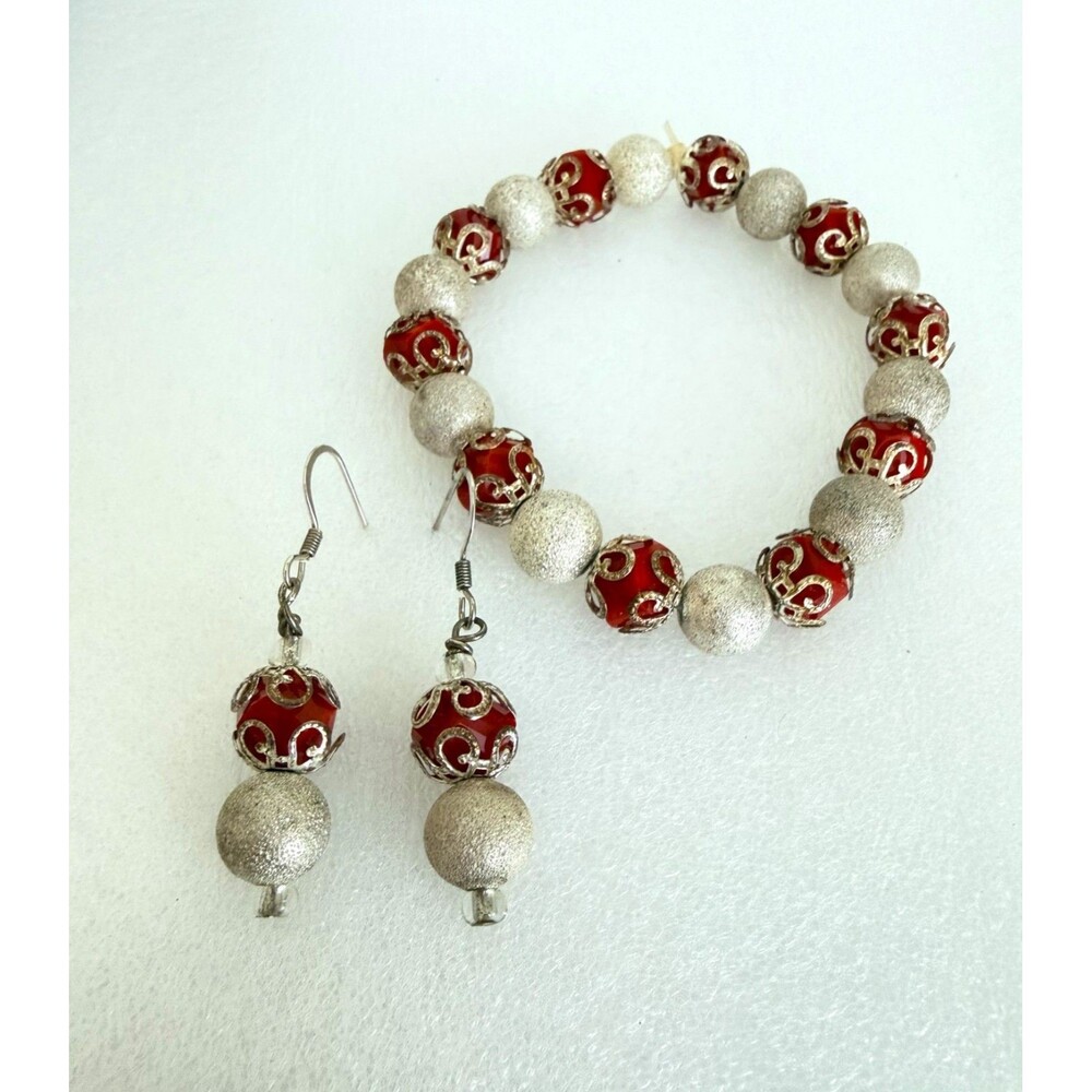 Vintage 1970s Silver Tone Red  Bead Filigree Cap Stretch Bracelet Earrings